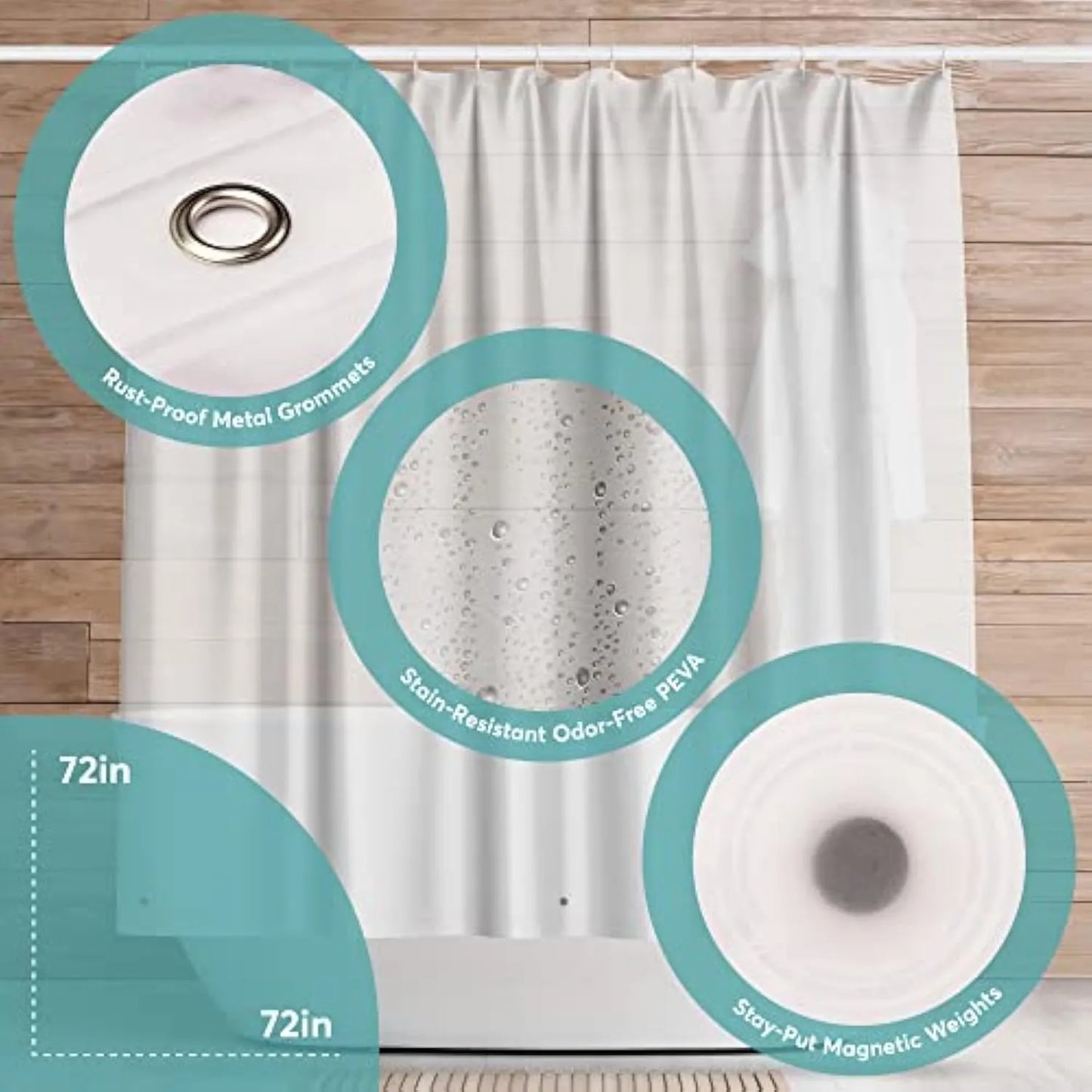 BigFoot Clear PEVA Shower Liner, Rustproof Grommets & Magnetic Weights, Odor-Free