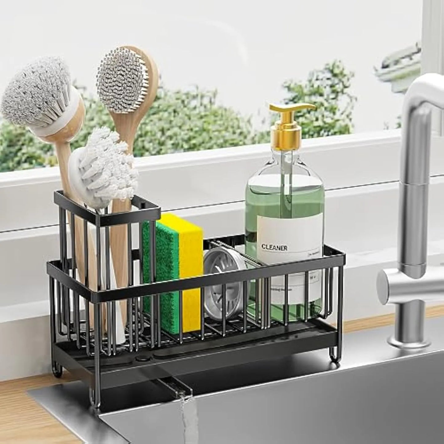 Cisily Sink Caddy Organizer – Black Sponge Holder with Tall Brush Slot for Kitchen Countertops & Sink Storage