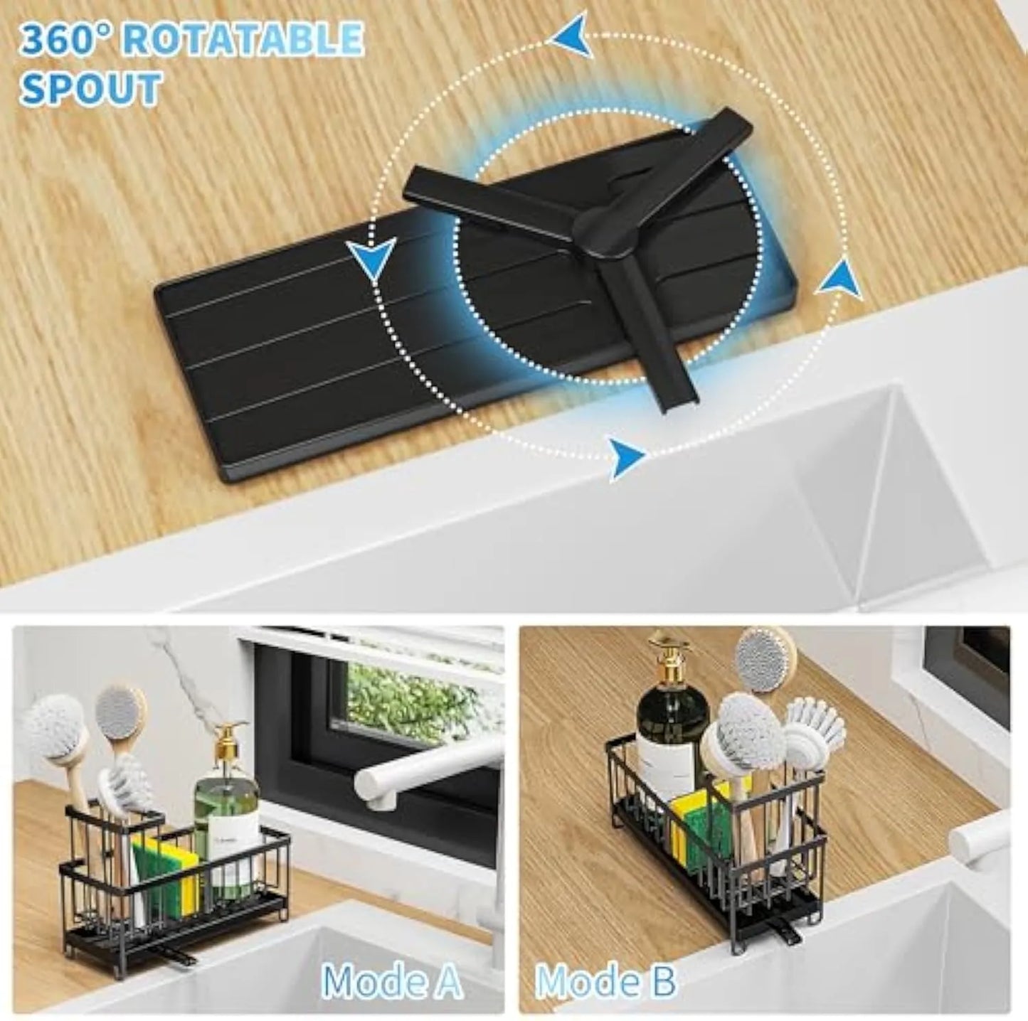 Cisily Sink Caddy Organizer – Black Sponge Holder with Tall Brush Slot for Kitchen Countertops & Sink Storage