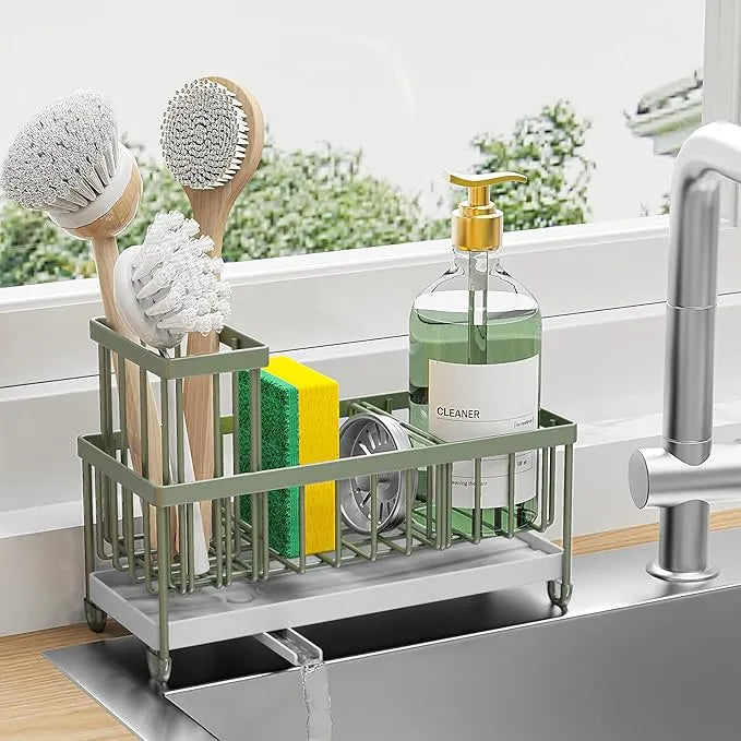 Cisily Sink Caddy Organizer – Black Sponge Holder with Tall Brush Slot for Kitchen Countertops & Sink Storage