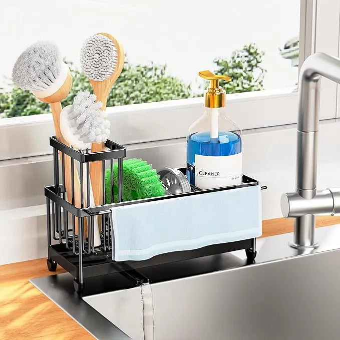 Cisily Sink Caddy Organizer – Black Sponge Holder with Tall Brush Slot for Kitchen Countertops & Sink Storage