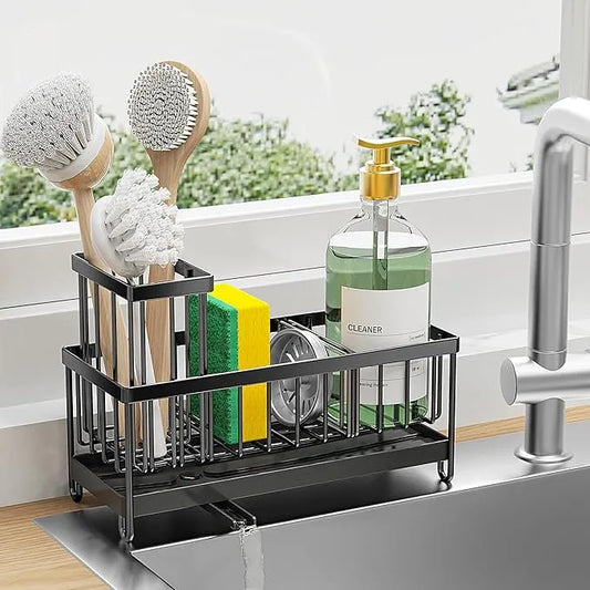 Cisily Sink Caddy Organizer – Black Sponge Holder with Tall Brush Slot for Kitchen Countertops & Sink Storage