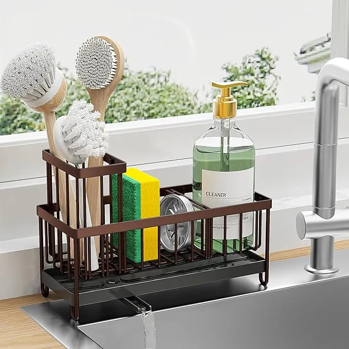 Cisily Sink Caddy Organizer – Black Sponge Holder with Tall Brush Slot for Kitchen Countertops & Sink Storage