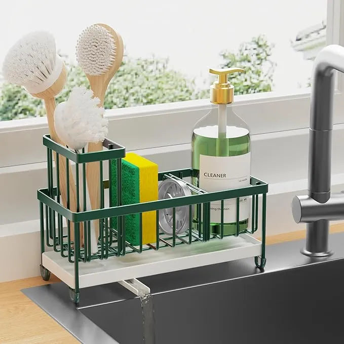 Cisily Sink Caddy Organizer – Black Sponge Holder with Tall Brush Slot for Kitchen Countertops & Sink Storage