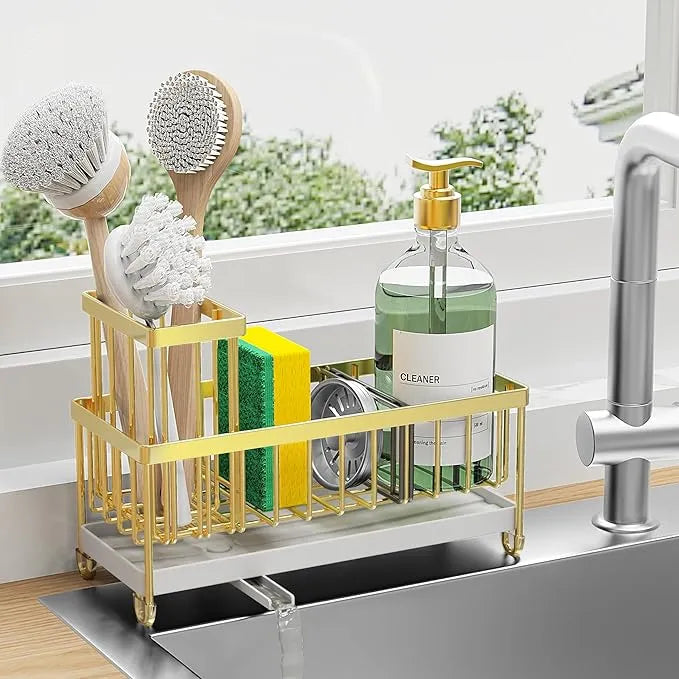 Cisily Sink Caddy Organizer – Black Sponge Holder with Tall Brush Slot for Kitchen Countertops & Sink Storage