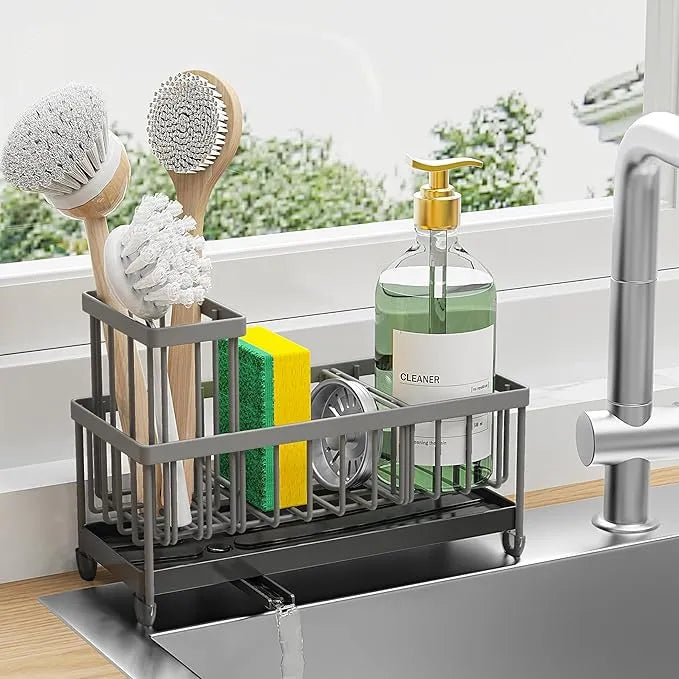 Cisily Sink Caddy Organizer – Black Sponge Holder with Tall Brush Slot for Kitchen Countertops & Sink Storage